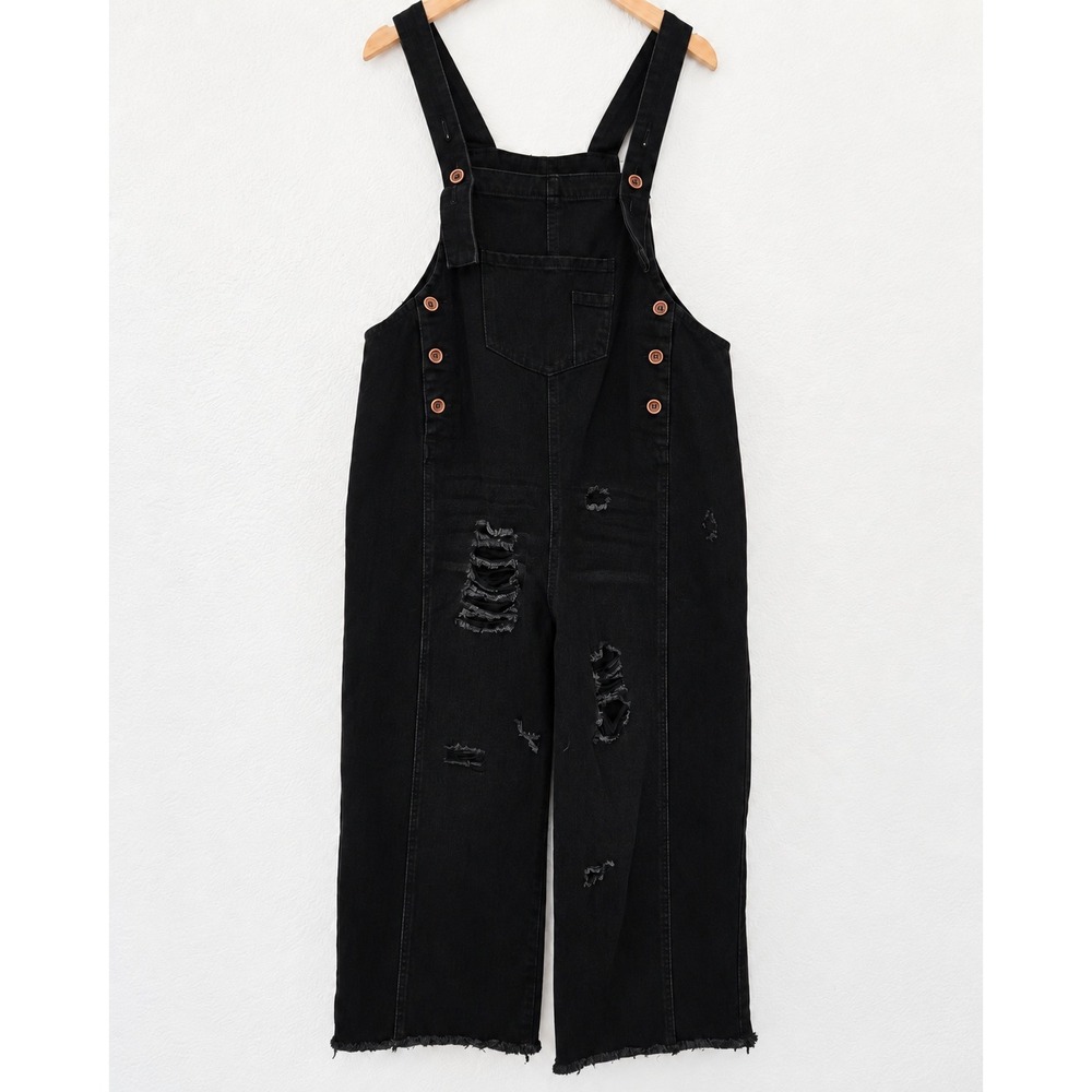 Black Distressed Denim Overalls Wide Leg Ripped Raw Hem Dungarees Size L